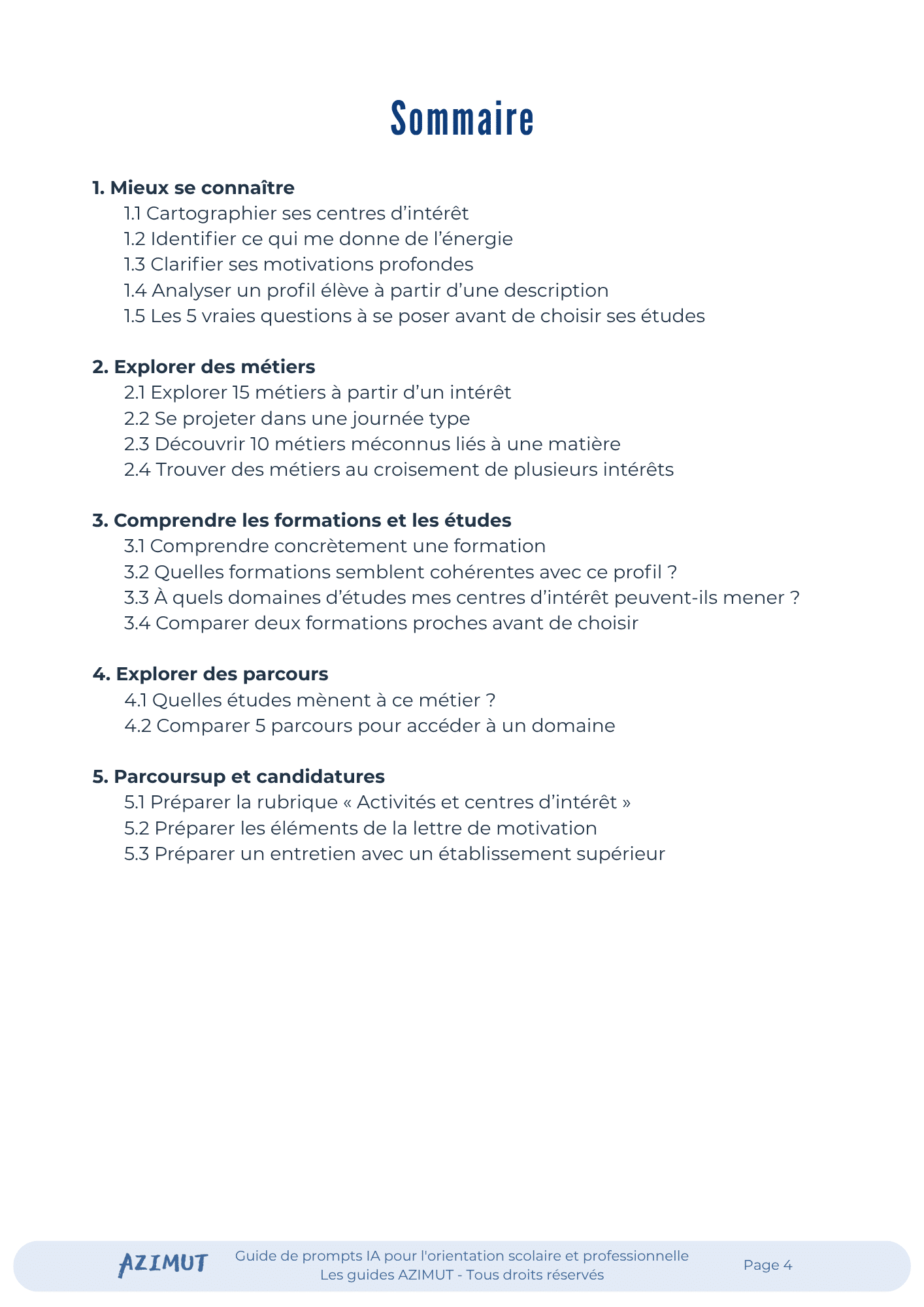 Sommaire guide de prompts IA pour l'orientation