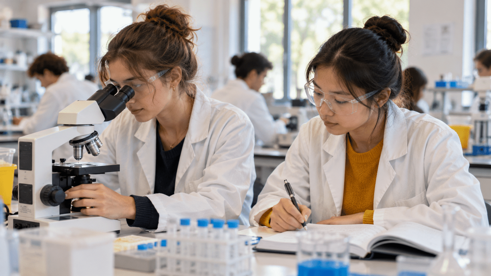Deux étudiantes en travaux pratiques de biologie à l'université