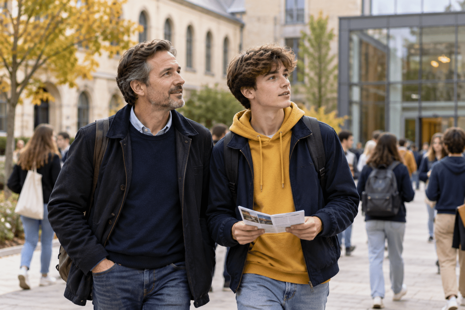Un père et son fils visitent un campus universitaire lors d'une journée portes ouvertes