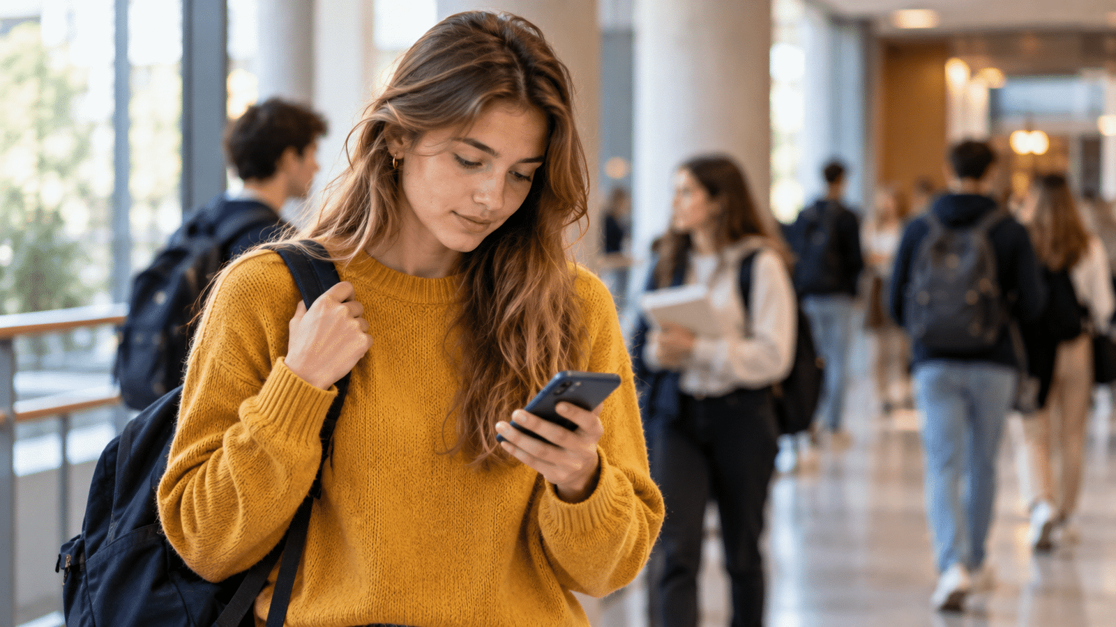 Une étudiante consulte ses résultats sur son téléphone dans un couloir de l'université