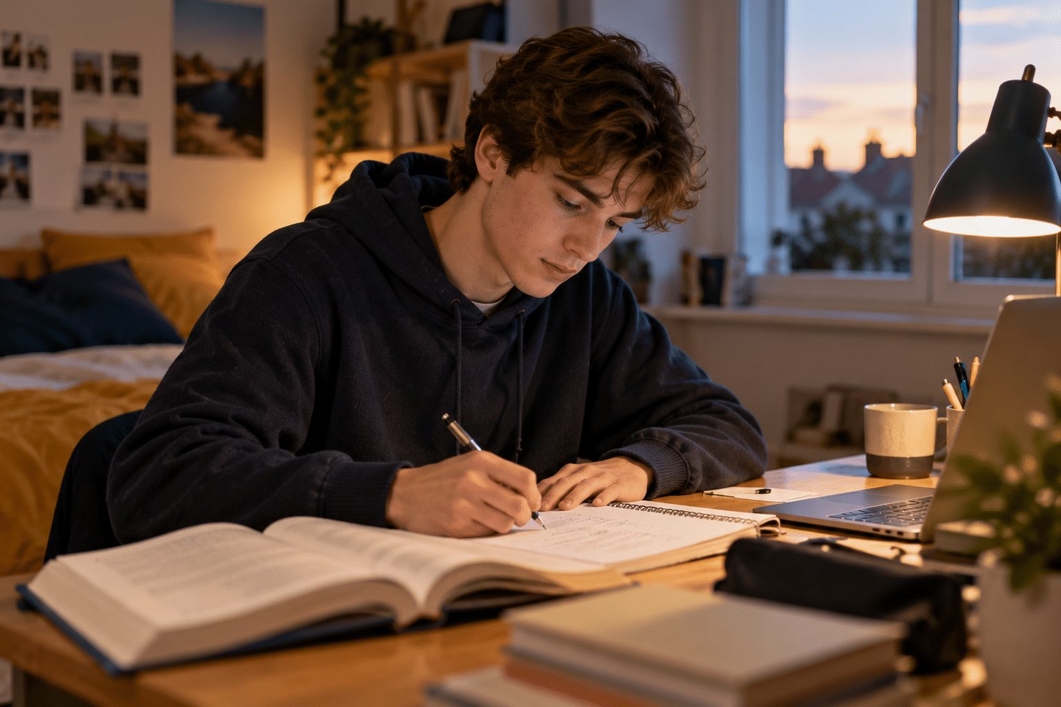 Un étudiant révise ses cours à son bureau, concentré et serein