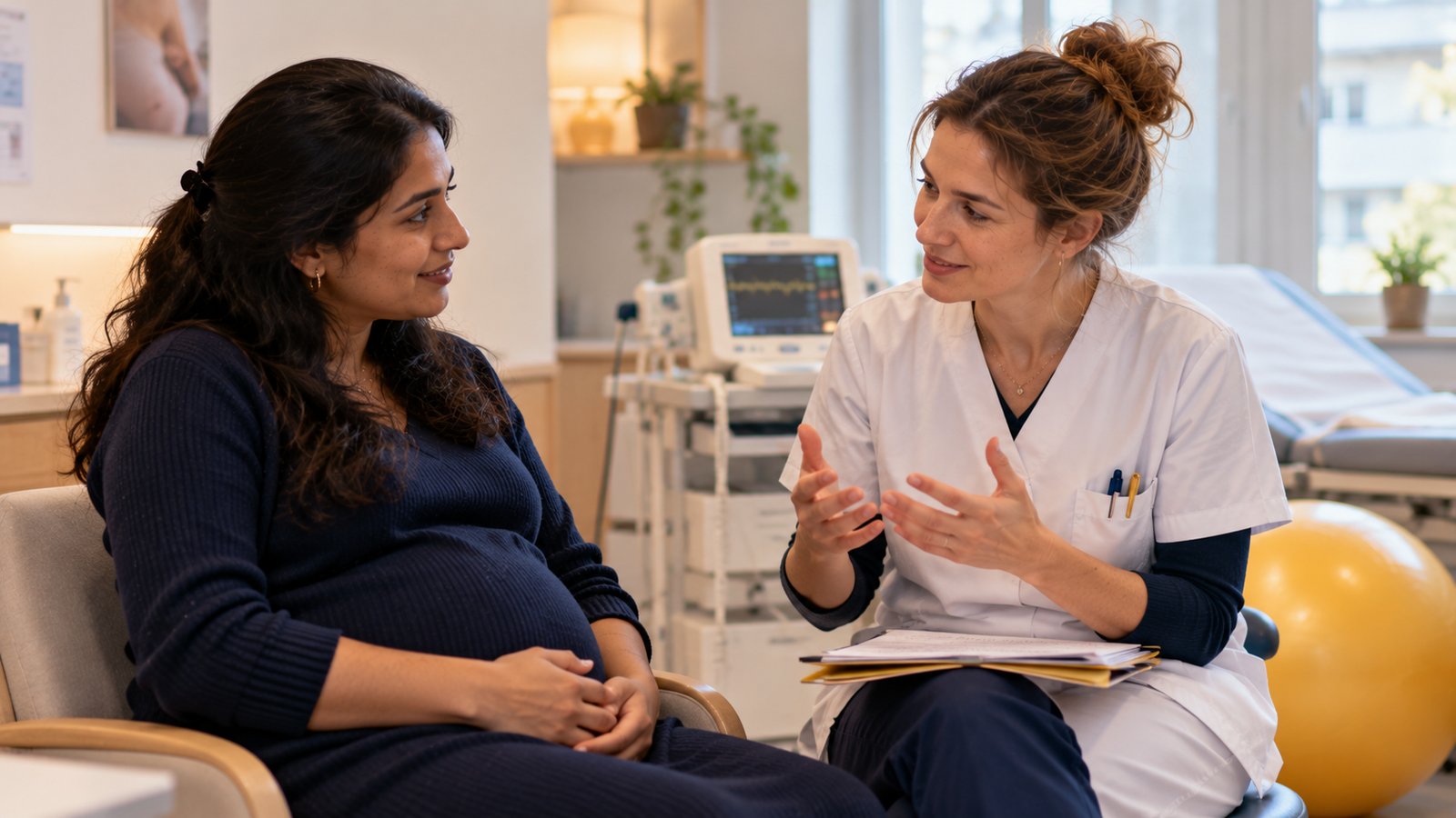 Une sage-femme en consultation avec une future maman