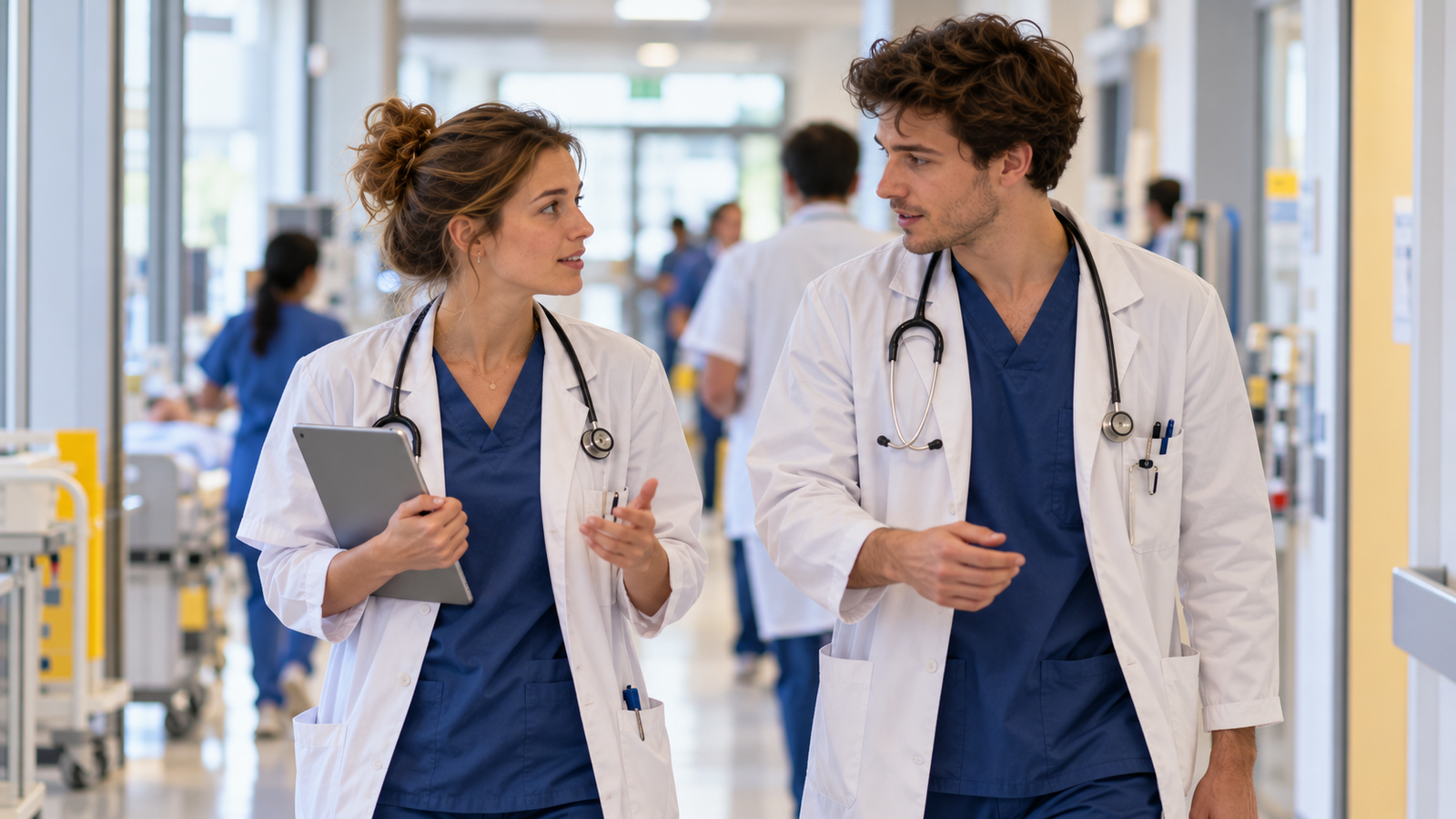 Deux jeunes internes en médecine échangent dans un couloir d'hôpital