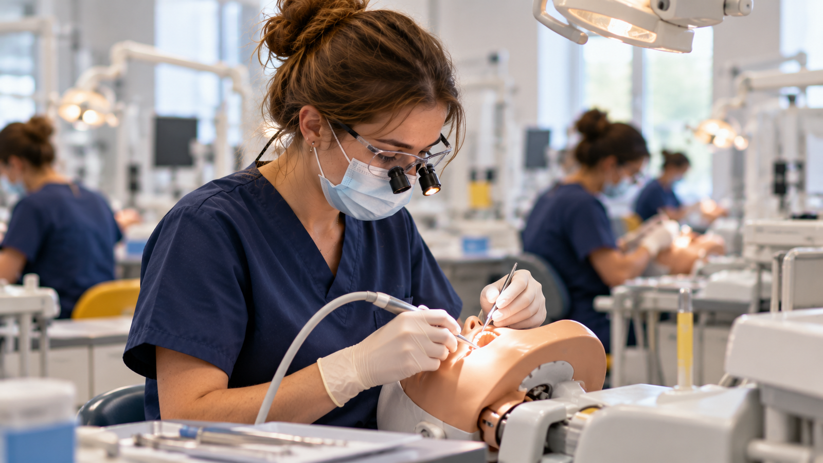 Une étudiante en chirurgie dentaire s'exerce sur un simulateur