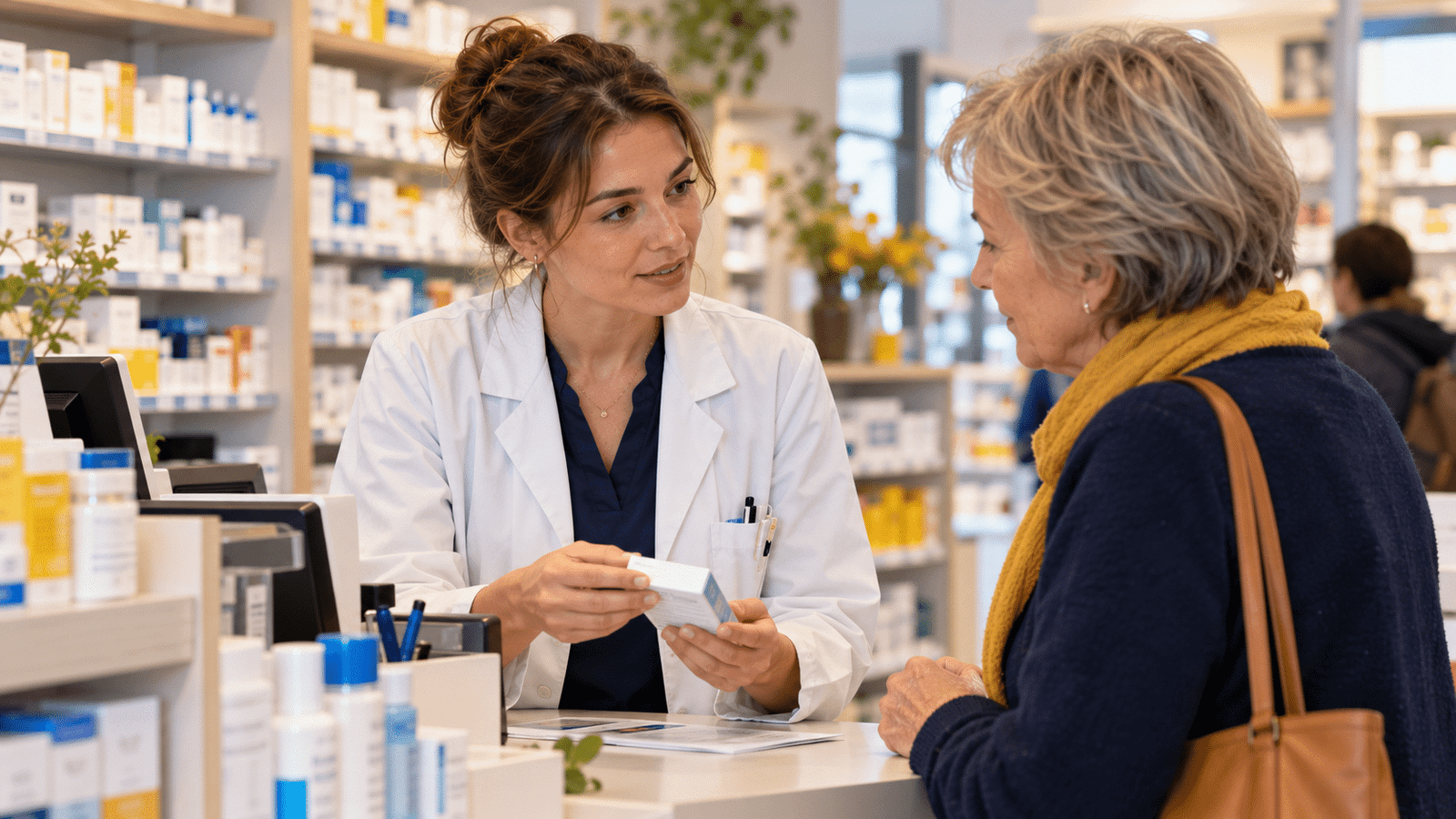 Une pharmacienne conseille une cliente au comptoir d'une officine