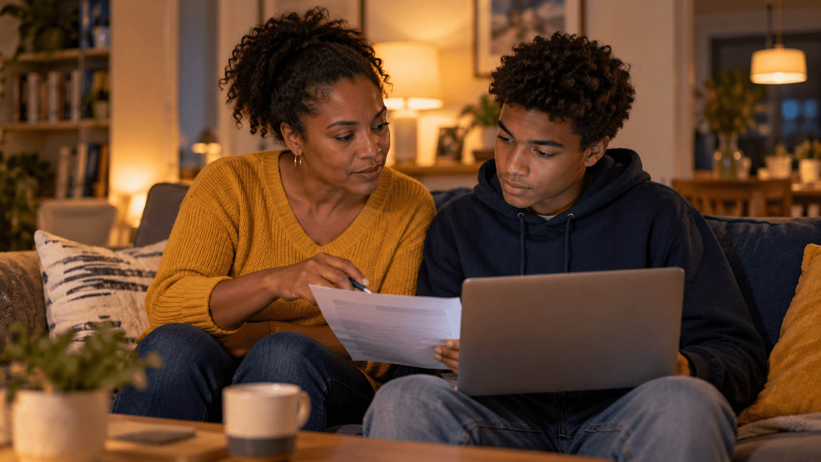 Une mère et son fils en terminale préparent les vœux Parcoursup sur un ordinateur