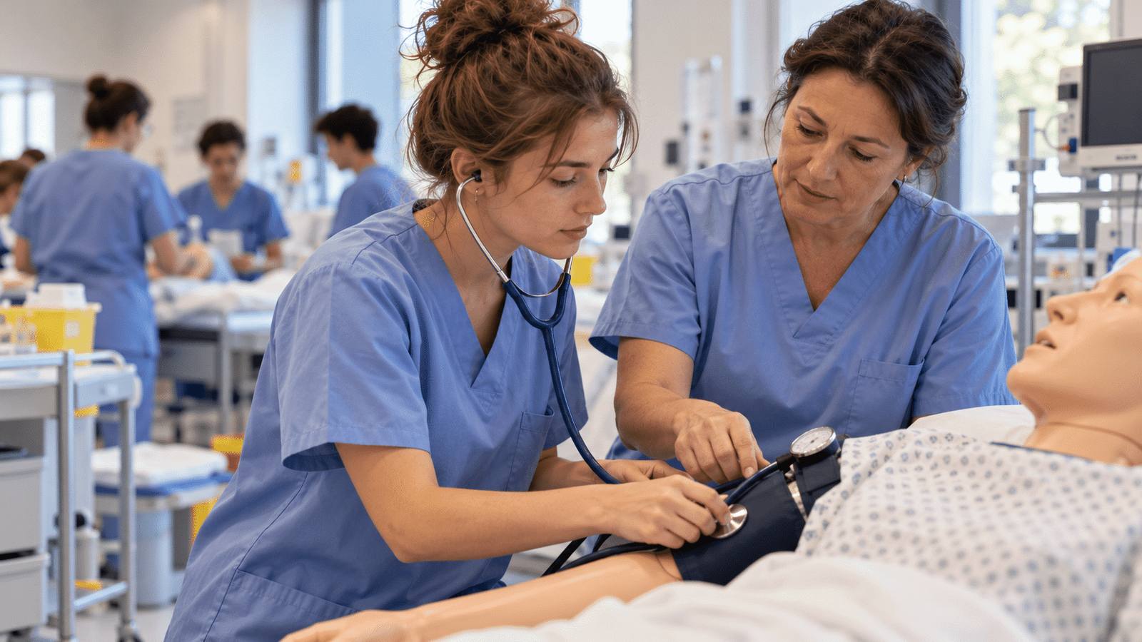 Une étudiante en soins infirmiers en séance pratique avec sa formatrice