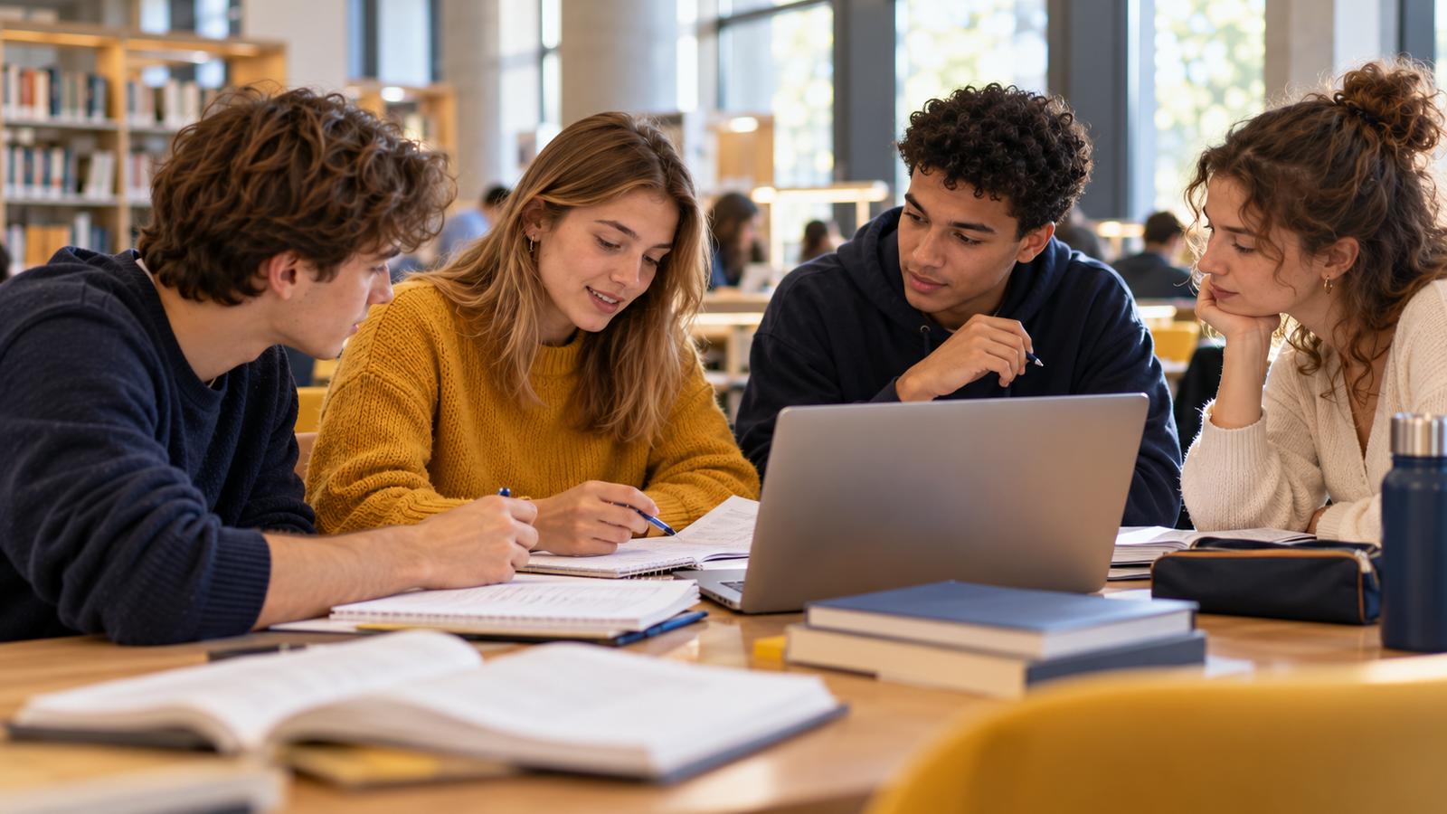 Un groupe d'étudiants de deuxième année révise ensemble à la bibliothèque universitaire