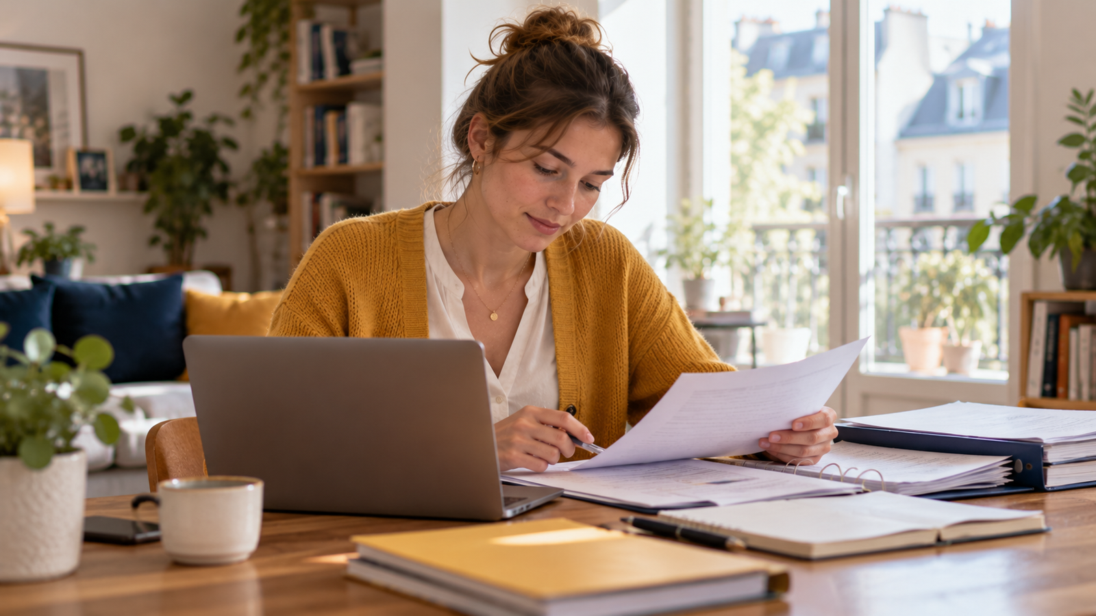 Une femme d'une trentaine d'années prépare son dossier de reconversion vers les études de santé