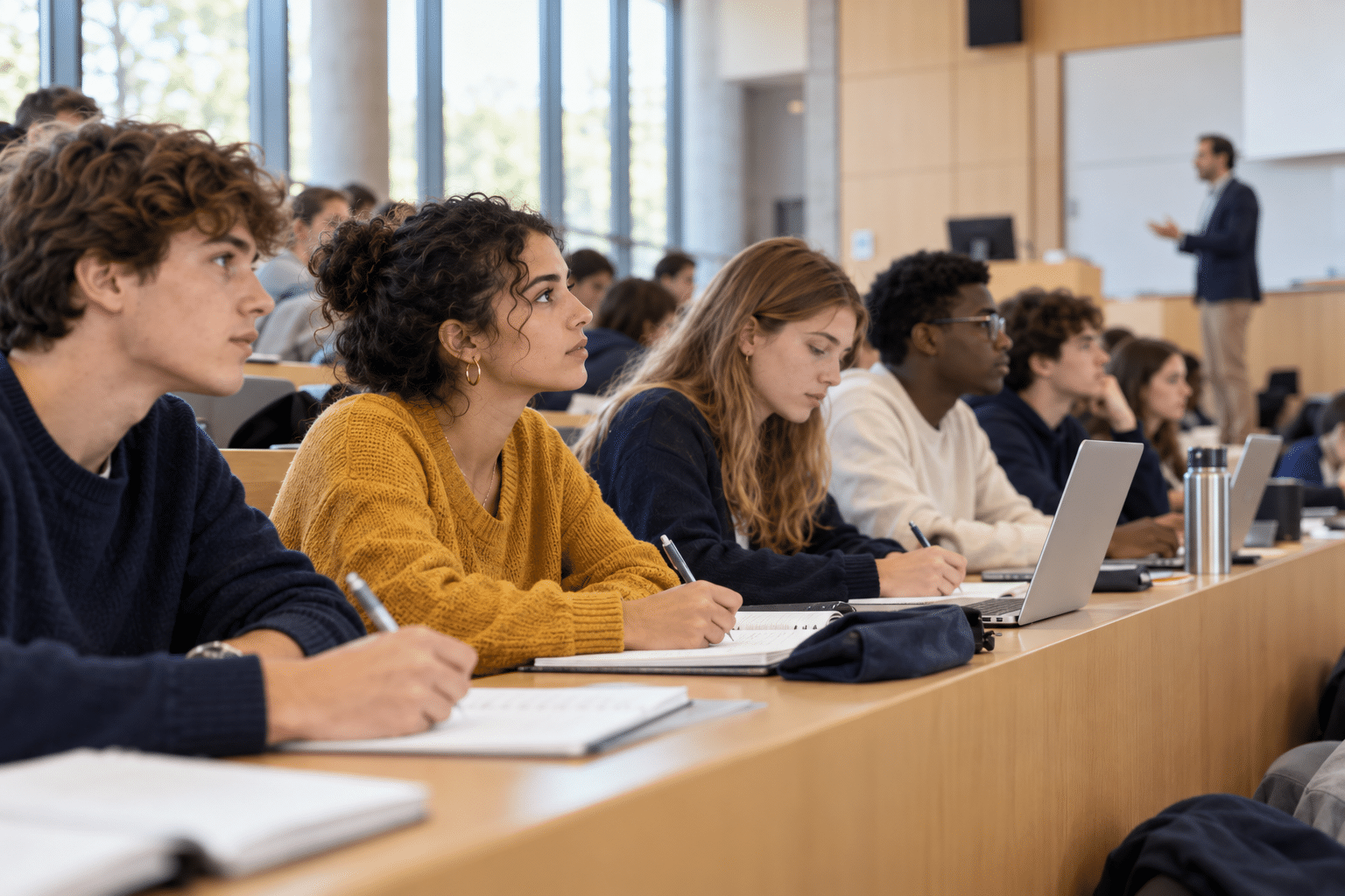 Étudiants de première année prenant des notes dans un amphithéâtre universitaire