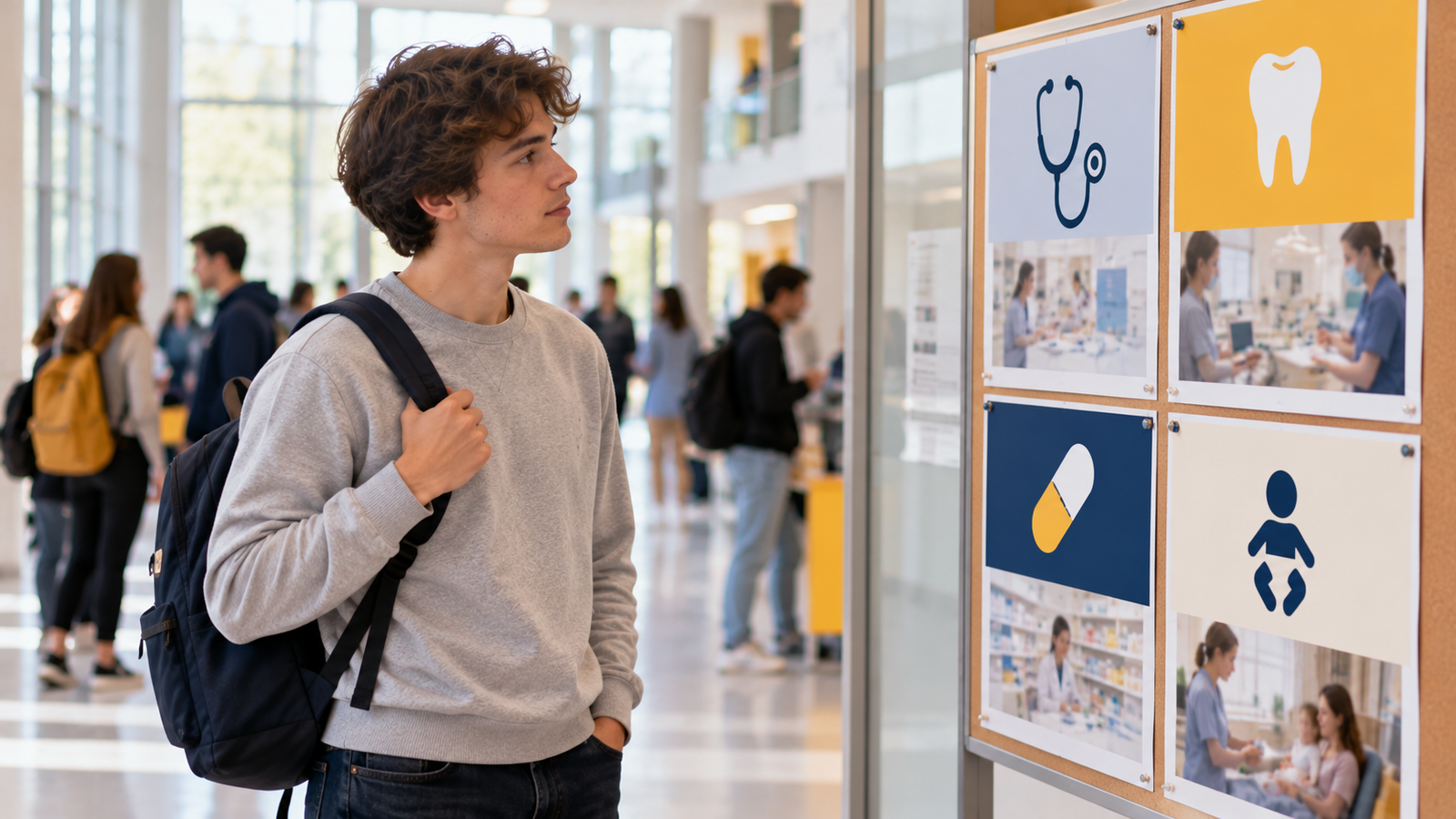 Un étudiant hésite devant un tableau d’affichage entre plusieurs filières de santé
