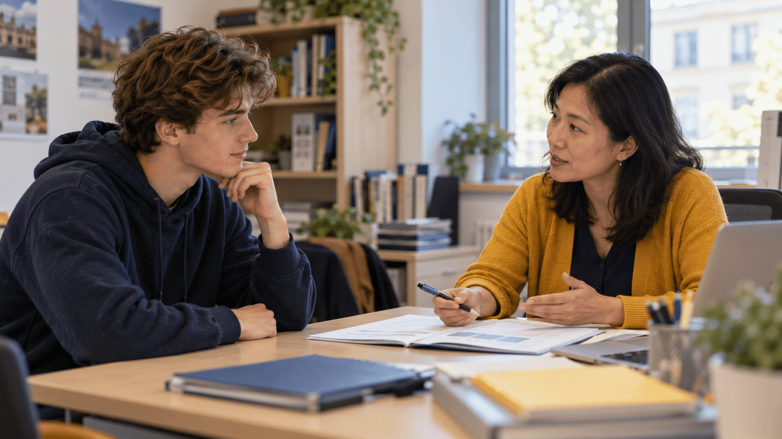 Un étudiant fait le point avec une conseillère pédagogique de l'université